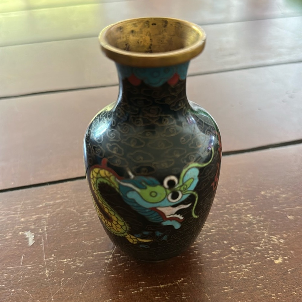 Chinese cloisonné vase a blue-scaled dragon encircling as it reaches to a pearl